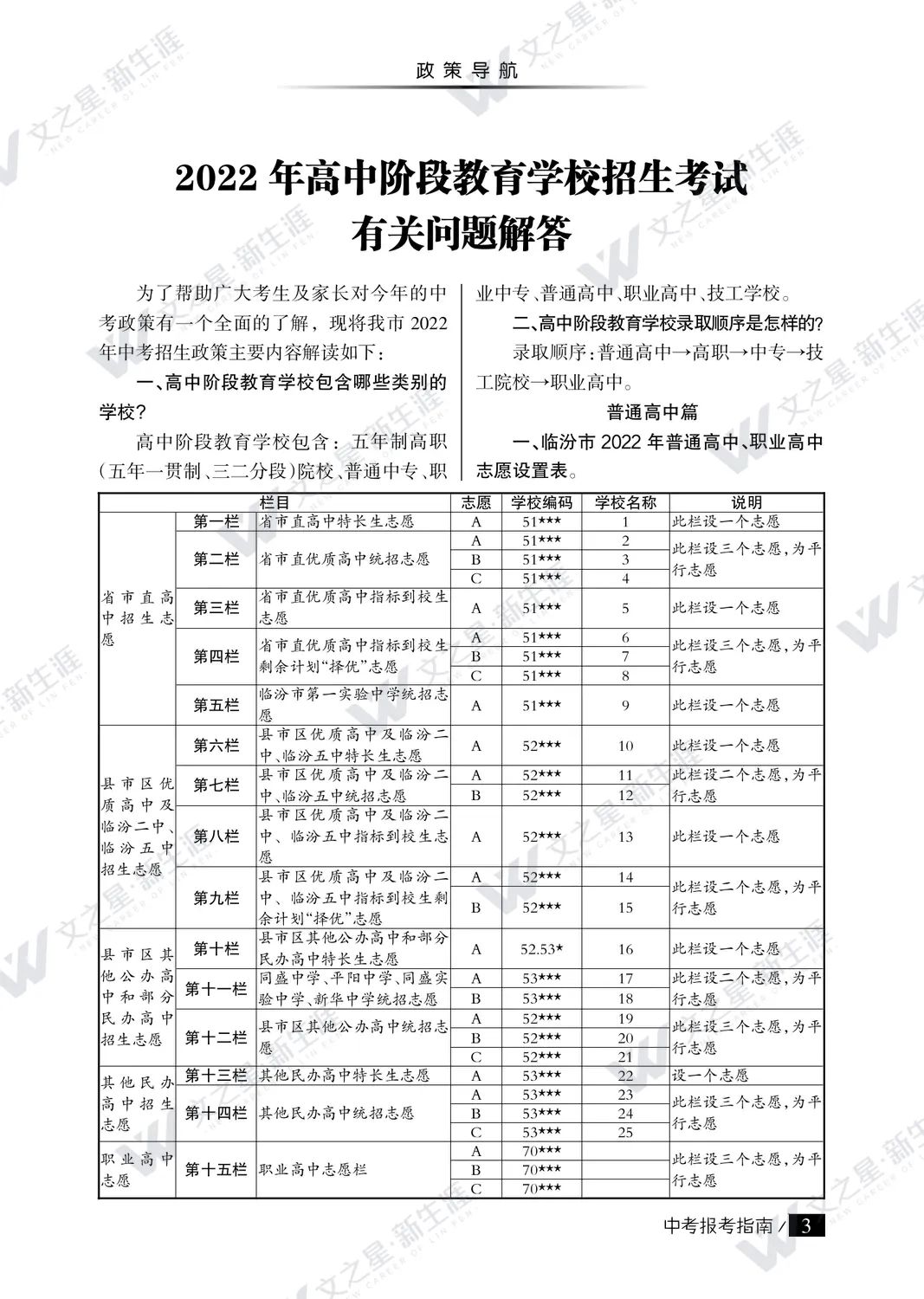 临汾市2022年中考报考指南（普高）