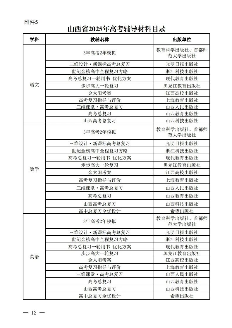 山西省教育厅印发《山西省2024学年中小学教辅材料目录》