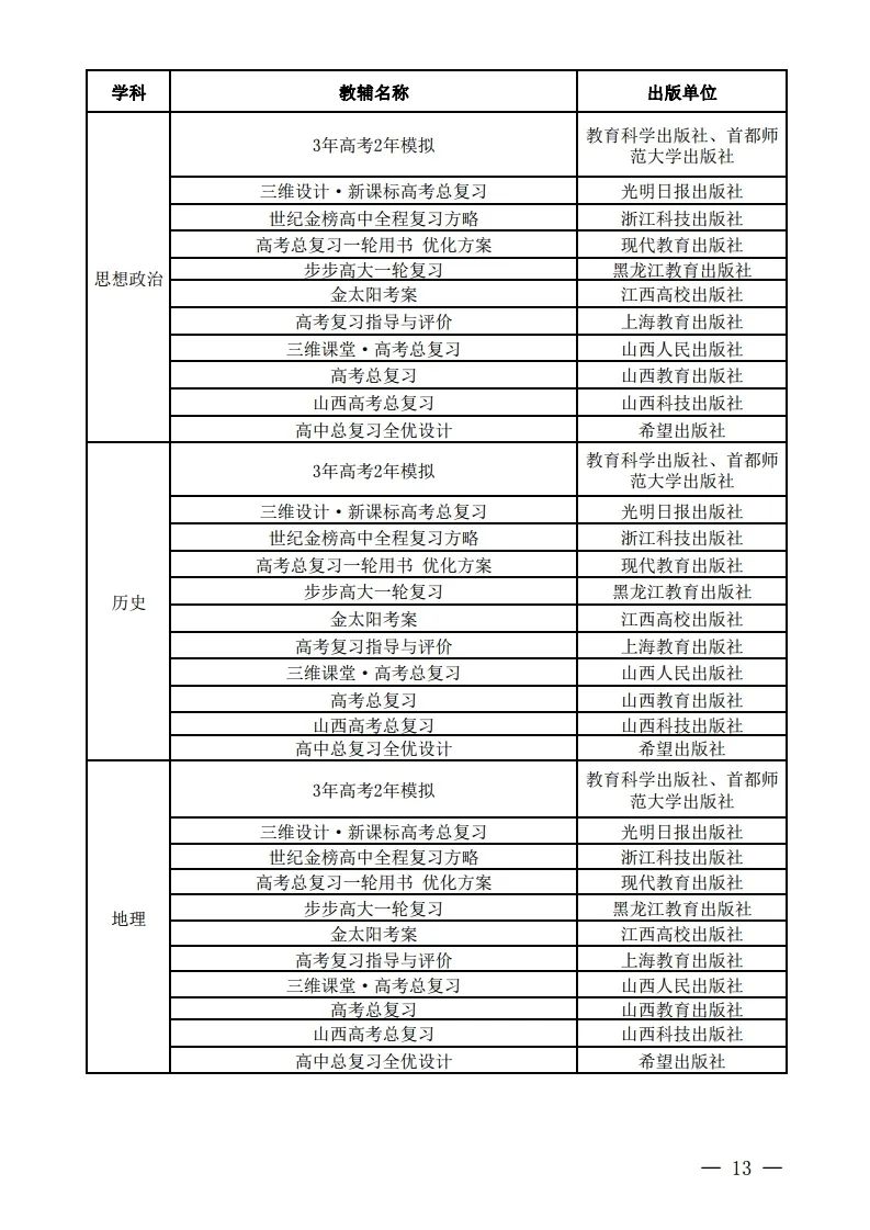 山西省教育厅印发《山西省2024学年中小学教辅材料目录》